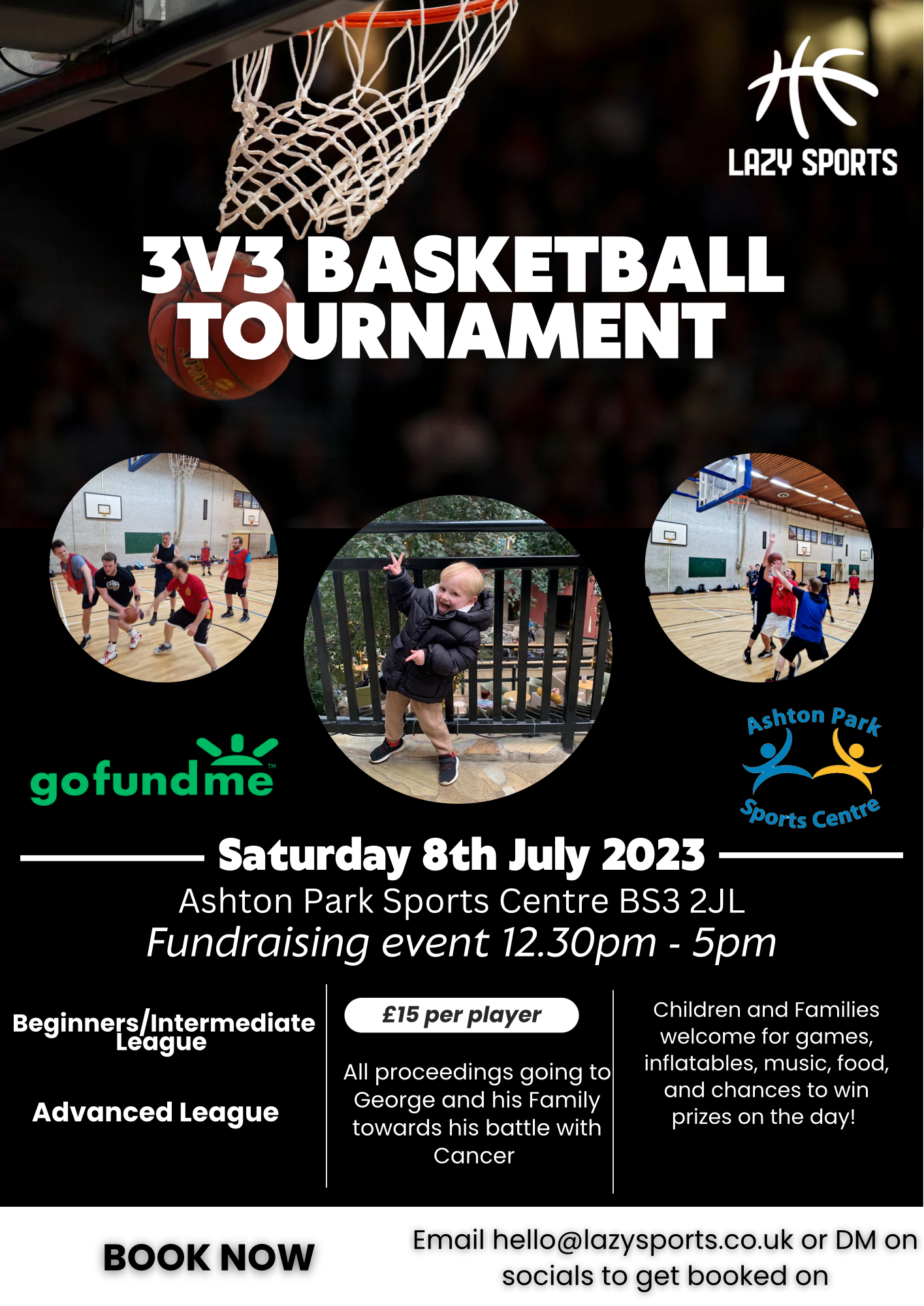 3v3 Tournament, Saturday 8th July 2023 at Ashton Park Sports Centre. Email hello@lazysports.co.uk to book.